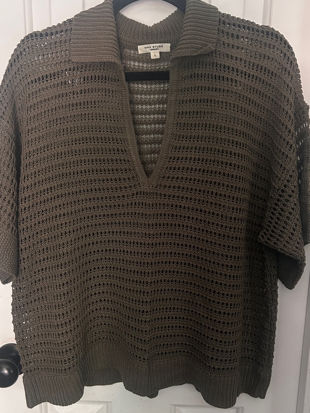 Max Studio Taupe Open-Weave Short Sleeve Pullover